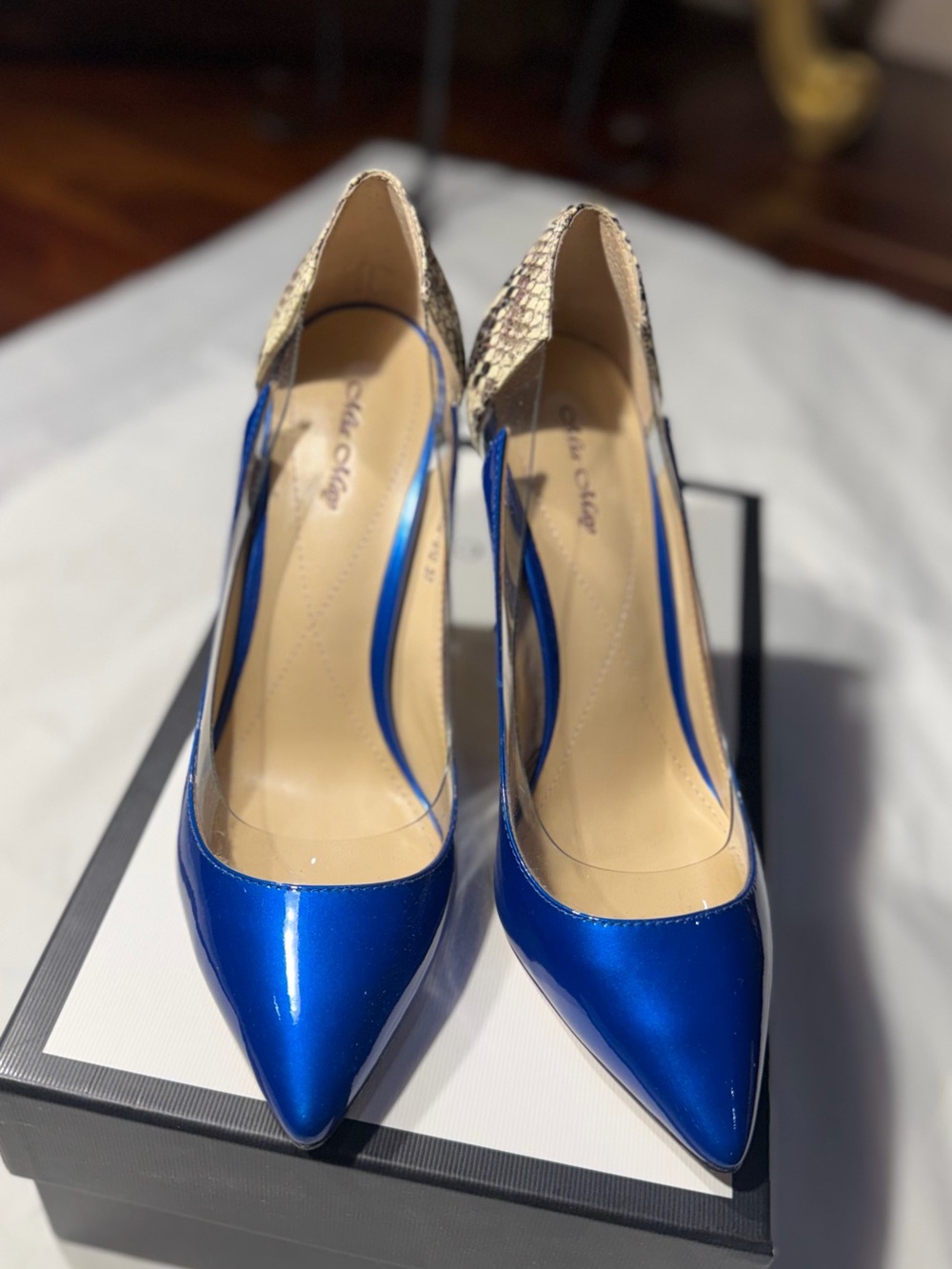 Blue Pointed-Toe Pumps with Snake-Print Heel by Sam Edelman